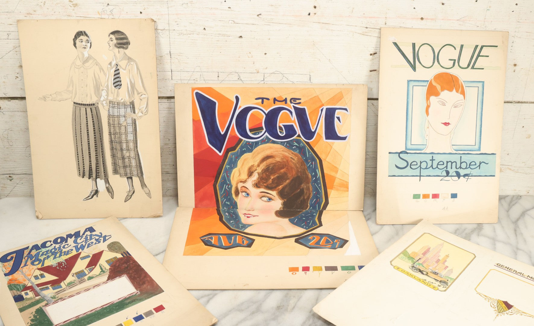Lot 081 - Grouping Of Six Hand Drawn, Hand Painted Concept Art Proofs For Vogue Magazine, Other Publications, Including General Motors, On Board And Paper, by Paul J. Welzel, Puyallup, Washington