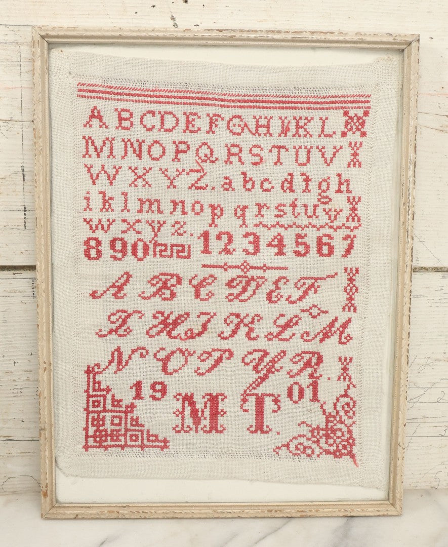 Lot 084 - Antique Needlework Sampler Dated 1901 With M.T. Initials, Red Thread On White, In Frame
