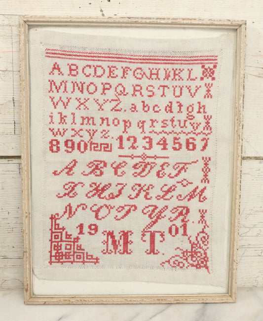 Lot 084 - Antique Needlework Sampler Dated 1901 With M.T. Initials, Red Thread On White, In Frame