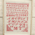 Lot 084 - Antique Needlework Sampler Dated 1901 With M.T. Initials, Red Thread On White, In Frame