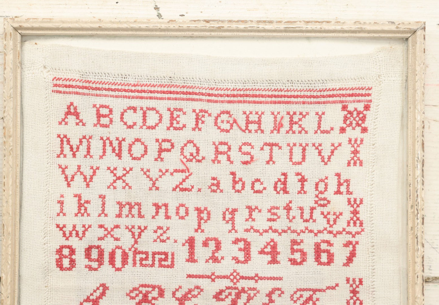 Lot 084 - Antique Needlework Sampler Dated 1901 With M.T. Initials, Red Thread On White, In Frame