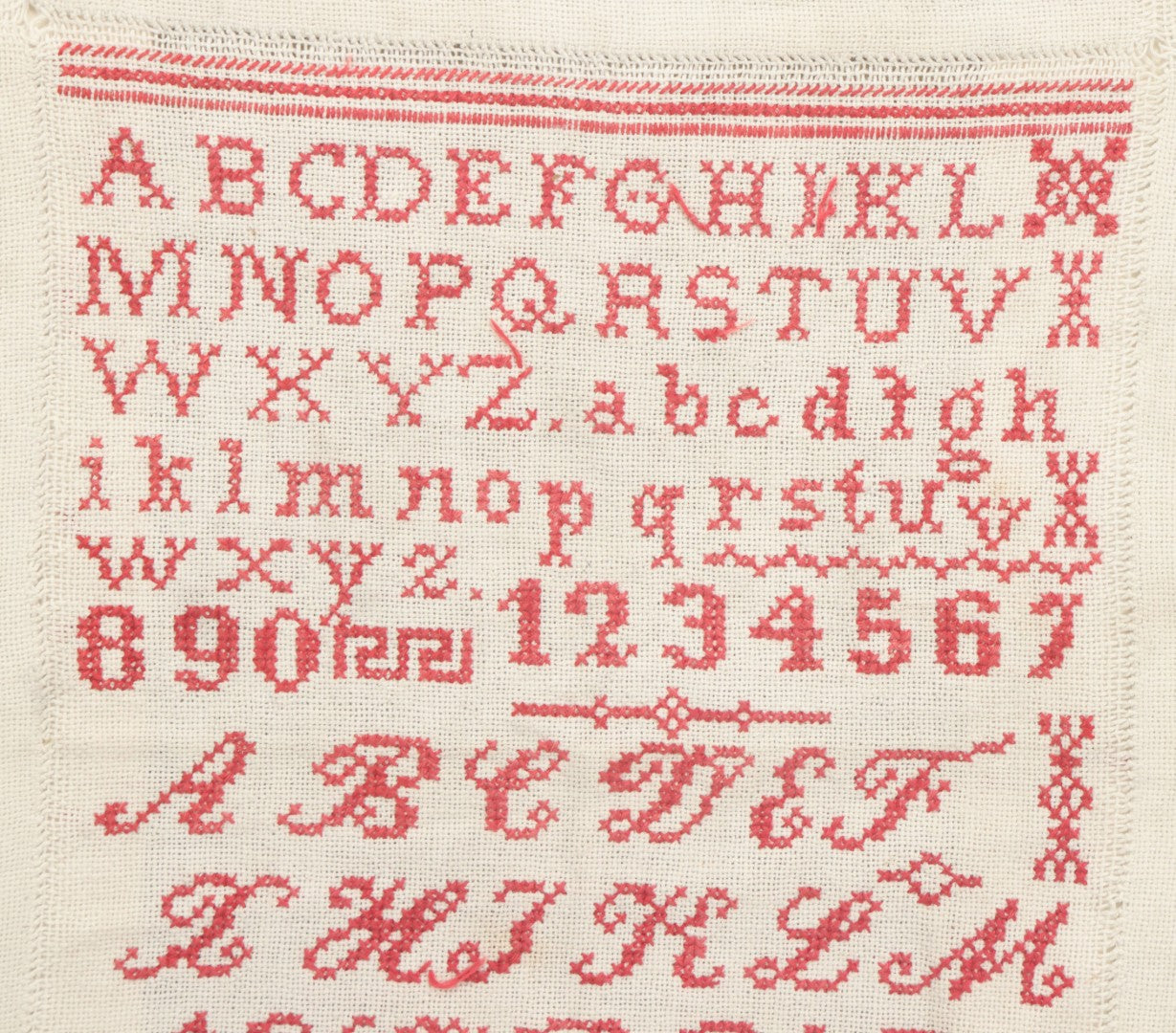 Lot 084 - Antique Needlework Sampler Dated 1901 With M.T. Initials, Red Thread On White, In Frame