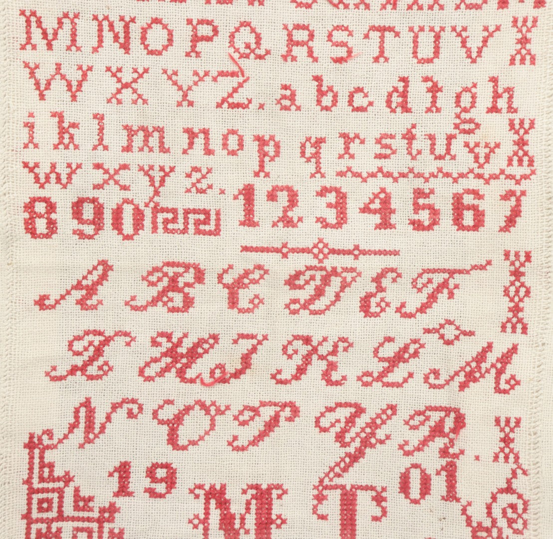 Lot 084 - Antique Needlework Sampler Dated 1901 With M.T. Initials, Red Thread On White, In Frame