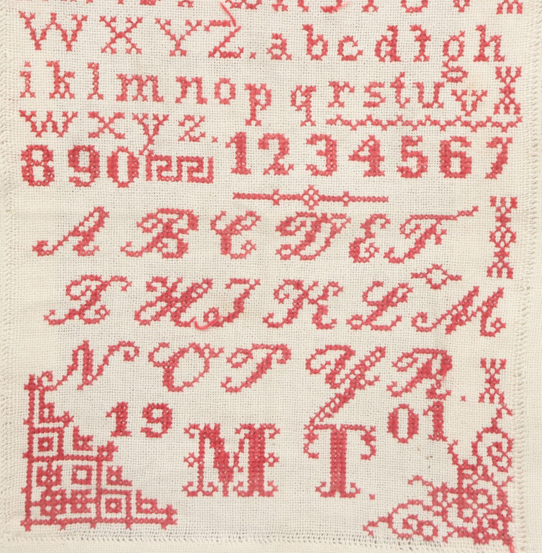 Lot 084 - Antique Needlework Sampler Dated 1901 With M.T. Initials, Red Thread On White, In Frame