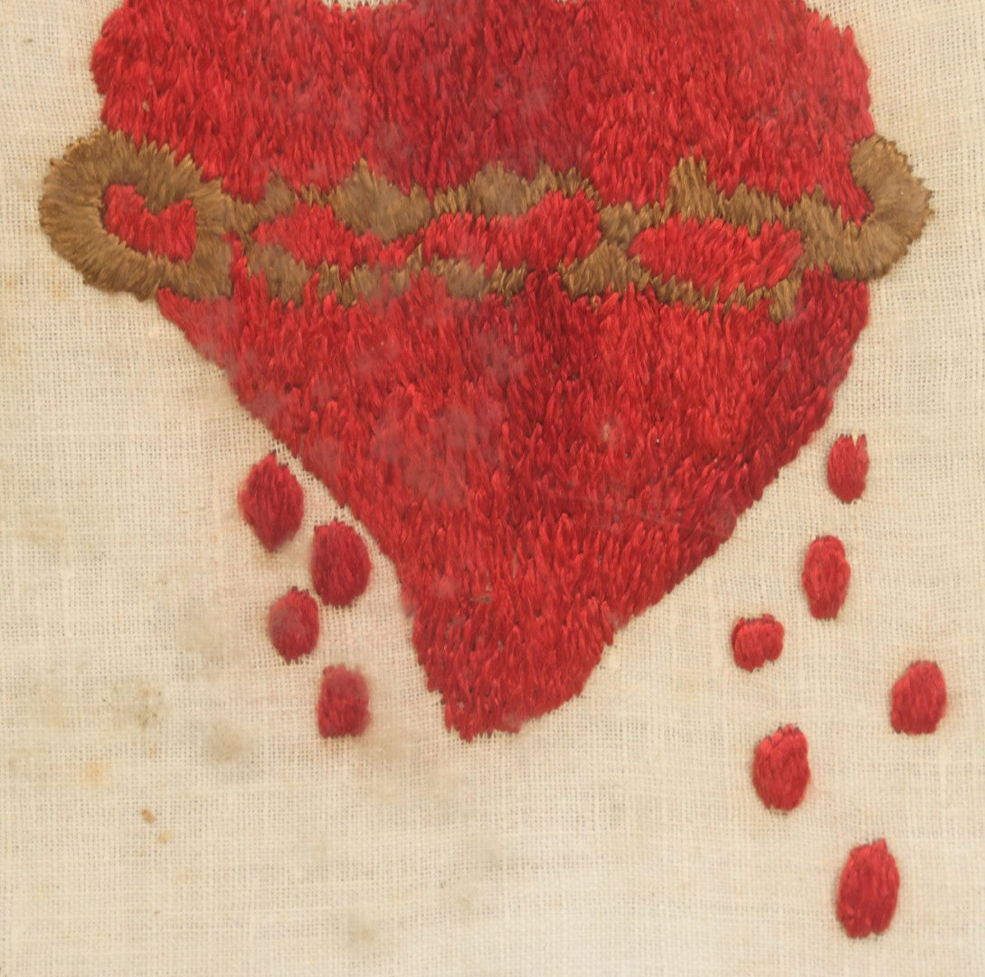 Lot 085 - Antique Embroidered Sacred Heart Religious Decor In Frame