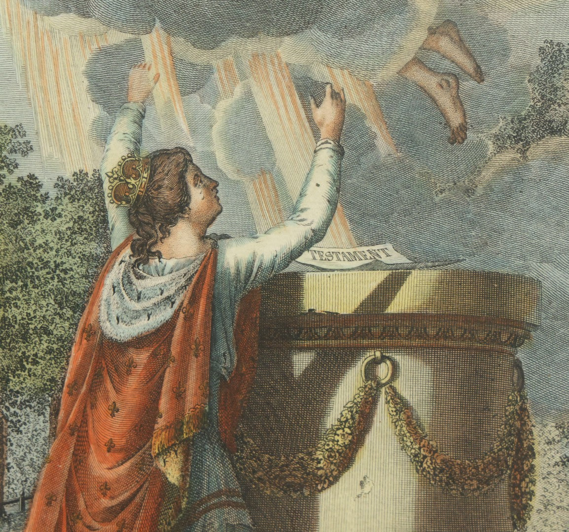 Lot 086 - Antique Hand Colored Engraving Of The Apotheosis Of Louis Xvi Of France, Ascending To Heaven, With St. Louis To Greet Him, By Paul Wolfgang Schwarz, Circa 1793