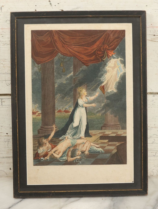 Lot 087 - Antique Hand Colored Engraving Of An Allegorical Religious Or Mystical Scene, Featuring A Woman Reaching Toward Heaven, A Slain Medusa, A Storm In The Sky, Etc., Esoteric Subject Matter, Circa 18th Century, In Frame