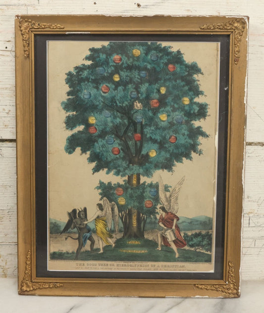 Lot 088 - Antique Hand Colored Lithograph Print Titled "The Good Tree Or Hieroglyphics Of A Christian, With Angel And Devil In Battle, By Kellogg And Thayer, New York, In Frame