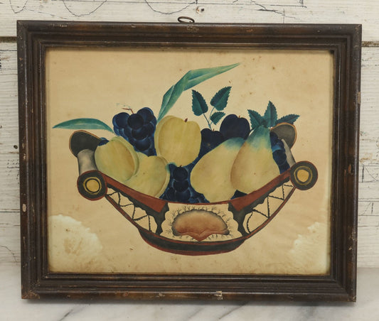 Lot 091 - Antique Watercolor Painted Fruit Basket Theorem With Grapes, Apples, And Pears, In Frame