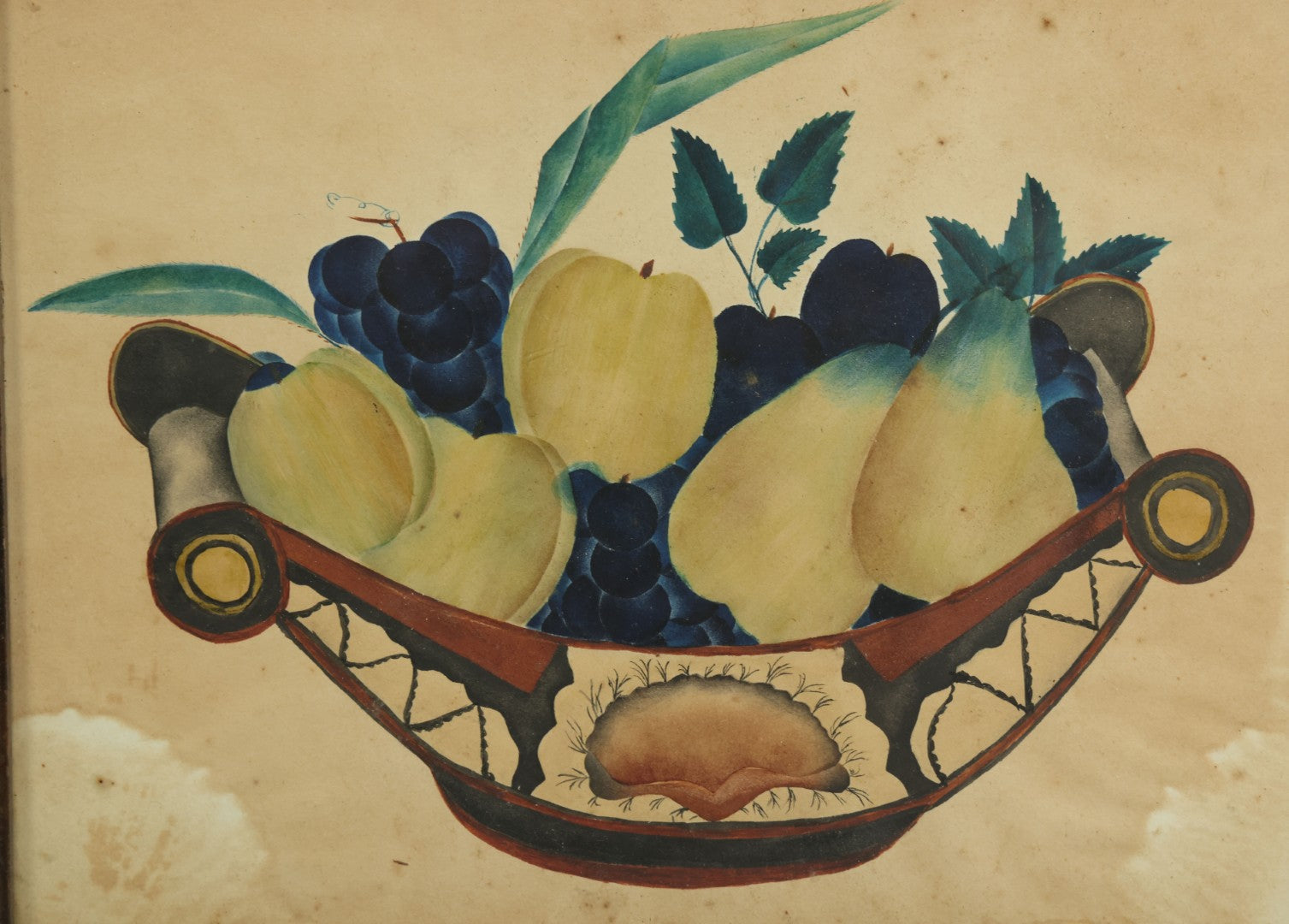Lot 091 - Antique Watercolor Painted Fruit Basket Theorem With Grapes, Apples, And Pears, In Frame