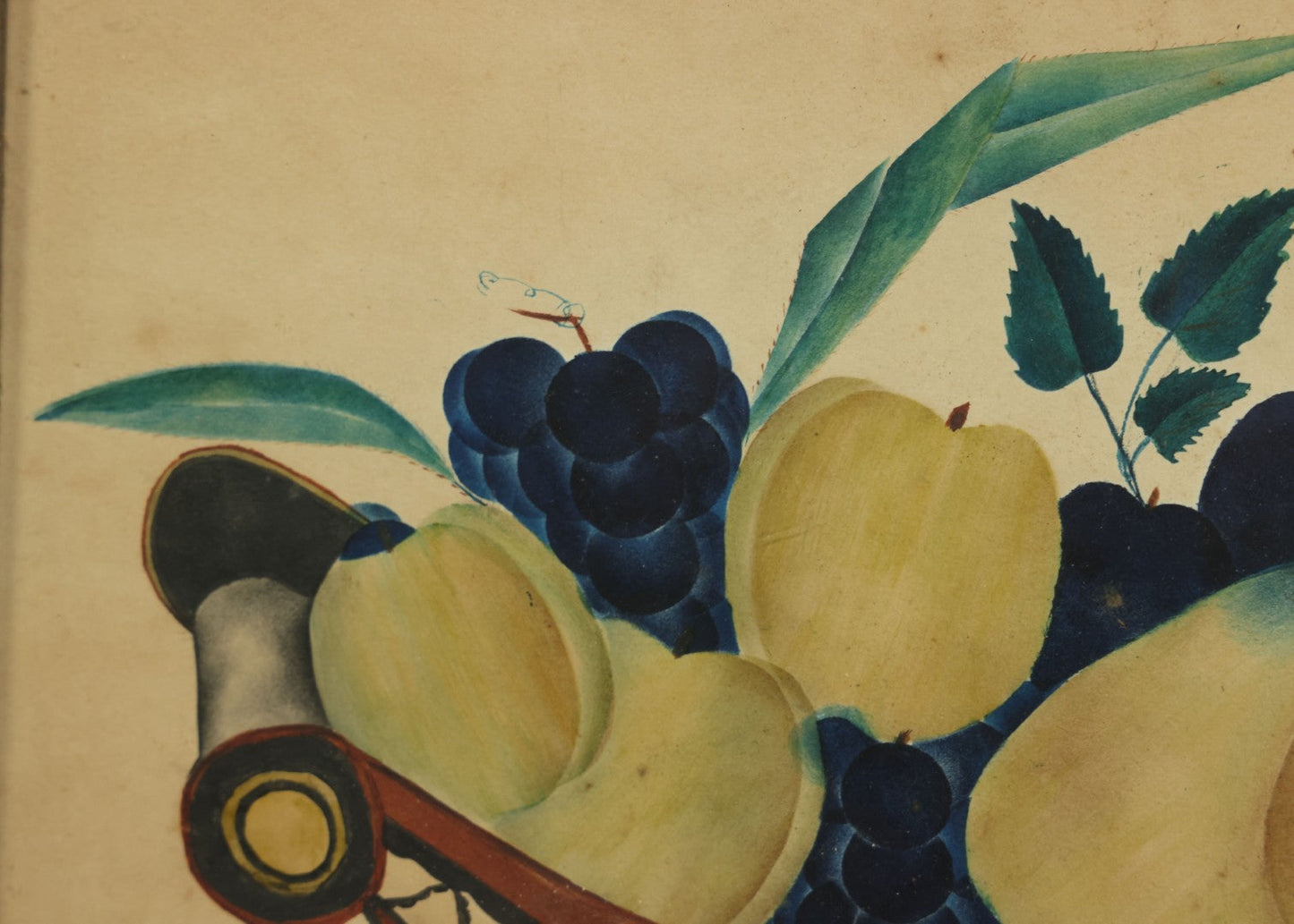 Lot 091 - Antique Watercolor Painted Fruit Basket Theorem With Grapes, Apples, And Pears, In Frame
