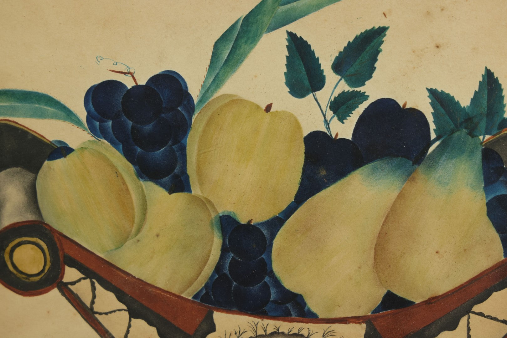 Lot 091 - Antique Watercolor Painted Fruit Basket Theorem With Grapes, Apples, And Pears, In Frame