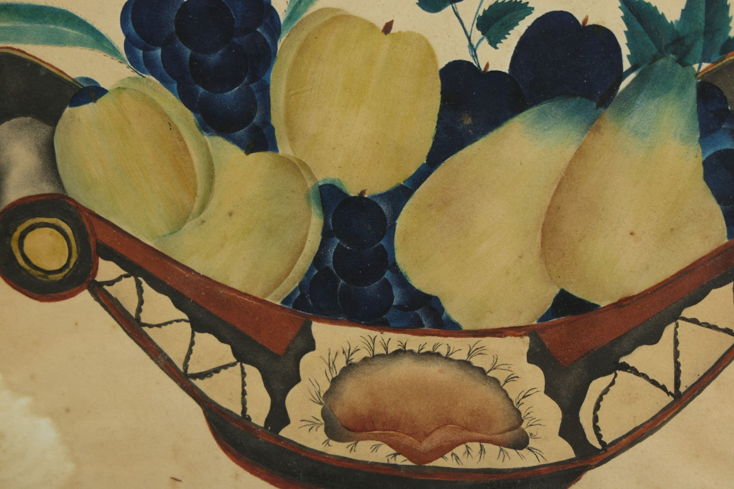 Lot 091 - Antique Watercolor Painted Fruit Basket Theorem With Grapes, Apples, And Pears, In Frame