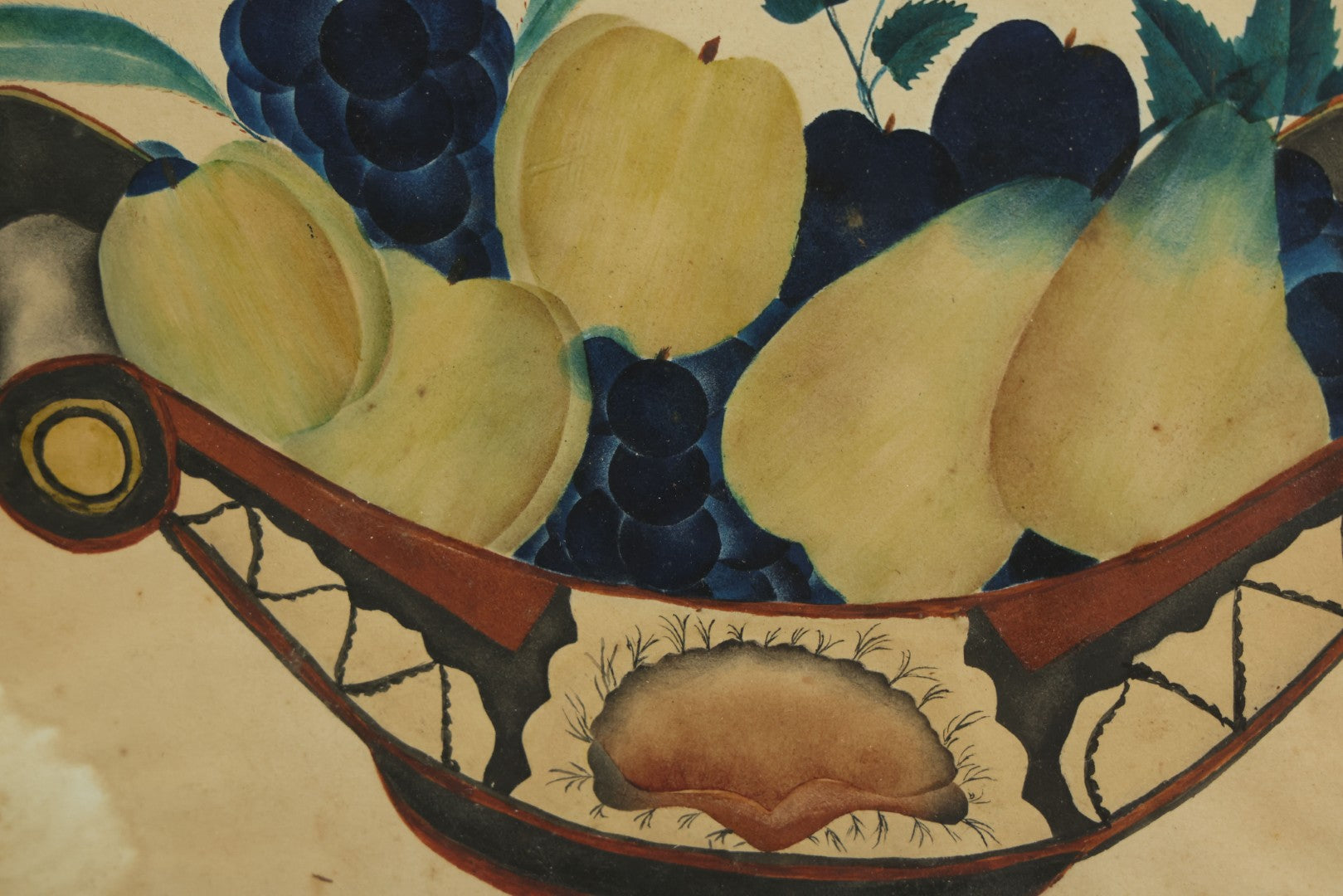 Lot 091 - Antique Watercolor Painted Fruit Basket Theorem With Grapes, Apples, And Pears, In Frame