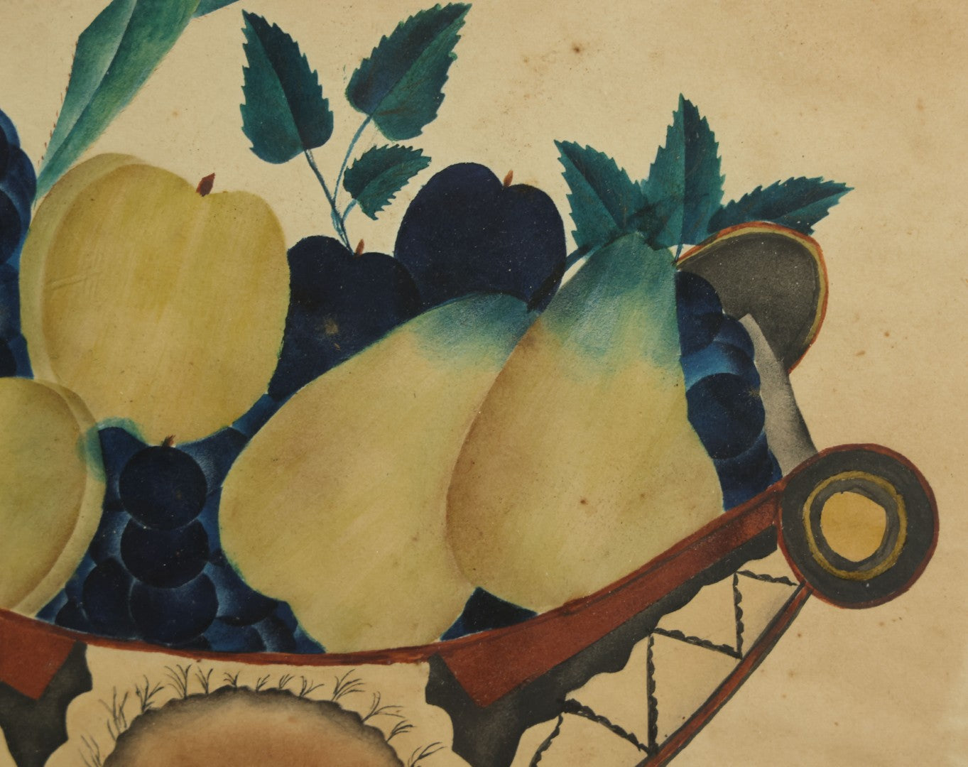 Lot 091 - Antique Watercolor Painted Fruit Basket Theorem With Grapes, Apples, And Pears, In Frame
