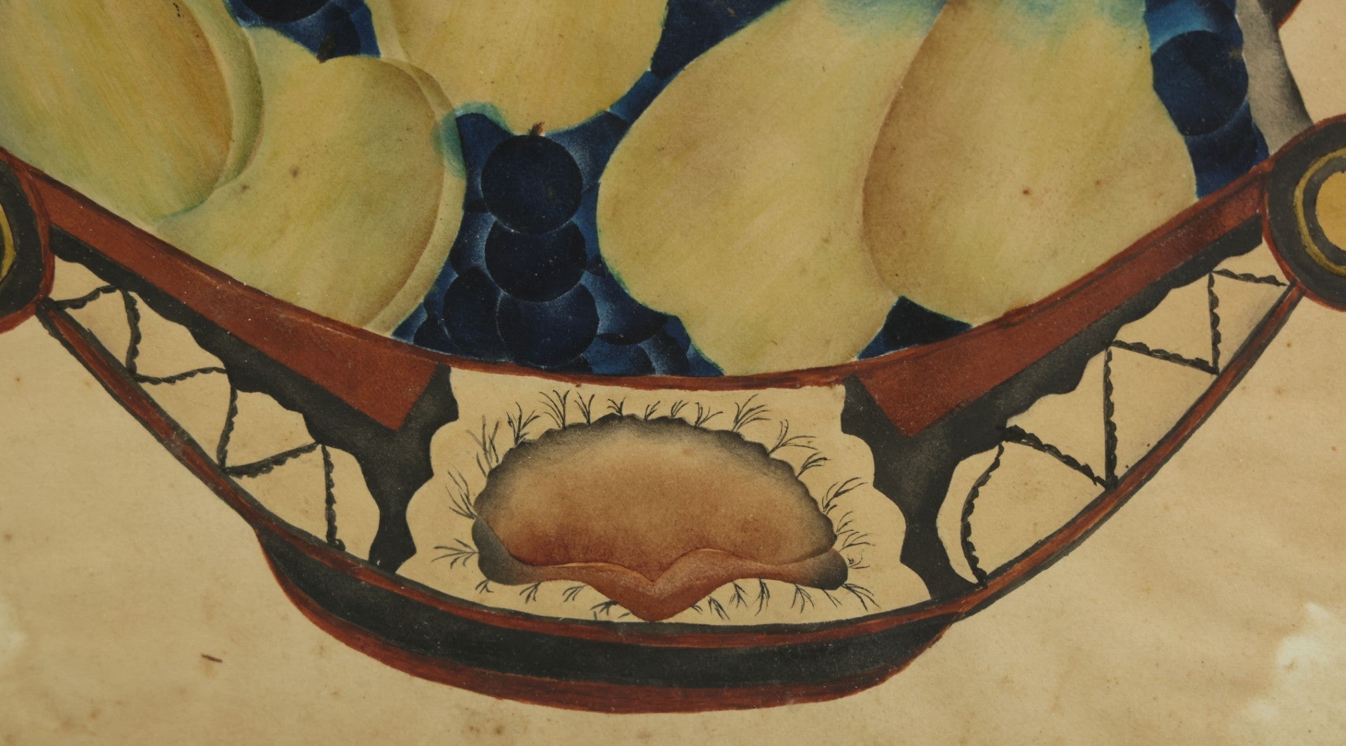 Lot 091 - Antique Watercolor Painted Fruit Basket Theorem With Grapes, Apples, And Pears, In Frame