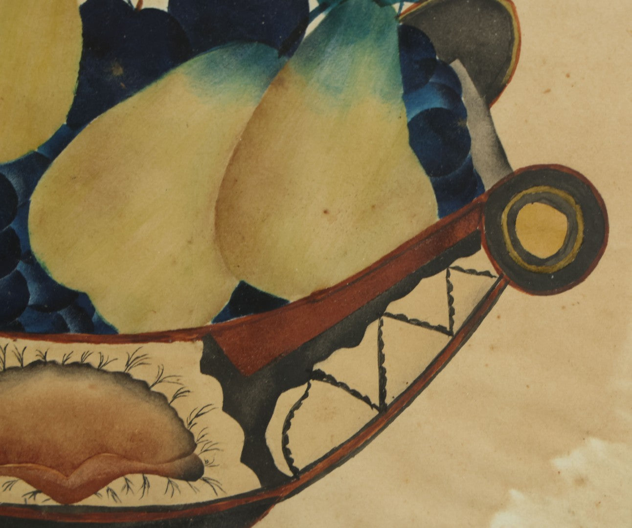 Lot 091 - Antique Watercolor Painted Fruit Basket Theorem With Grapes, Apples, And Pears, In Frame