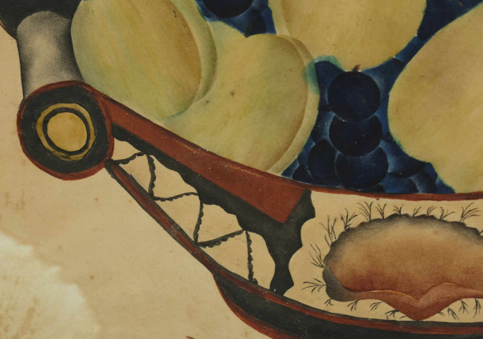Lot 091 - Antique Watercolor Painted Fruit Basket Theorem With Grapes, Apples, And Pears, In Frame