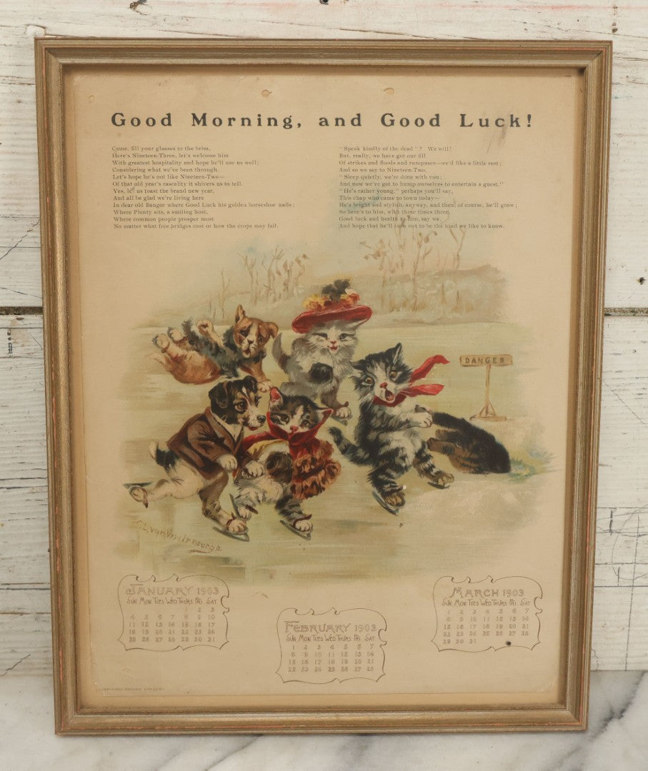 Lot 092 - Antique 1903 Anthropomorphic Cat And Dog Whimsical Illustrated Calendar, Illustrated By C.L. Van Vredenburgh, January, February, March, Copyright 1901, Gray Lithography Company, New York