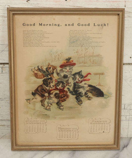 Lot 092 - Antique 1903 Anthropomorphic Cat And Dog Whimsical Illustrated Calendar, Illustrated By C.L. Van Vredenburgh, January, February, March, Copyright 1901, Gray Lithography Company, New York
