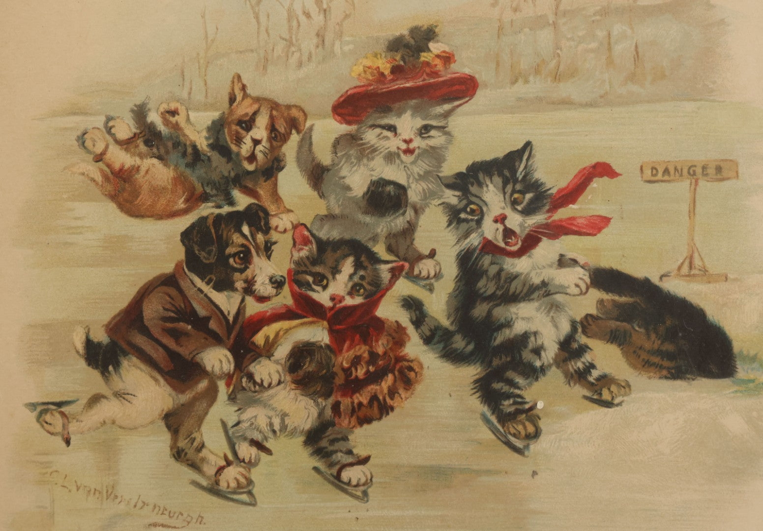 Lot 092 - Antique 1903 Anthropomorphic Cat And Dog Whimsical Illustrated Calendar, Illustrated By C.L. Van Vredenburgh, January, February, March, Copyright 1901, Gray Lithography Company, New York