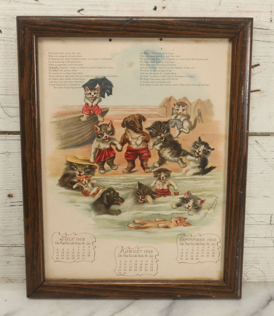 Lot 093 - Antique 1903 Anthropomorphic Cat And Dog Whimsical Illustrated Calendar, Illustrated By C.L. Van Vredenburgh, July, August, September, Copyright 1901, Gray Lithography Company, New York