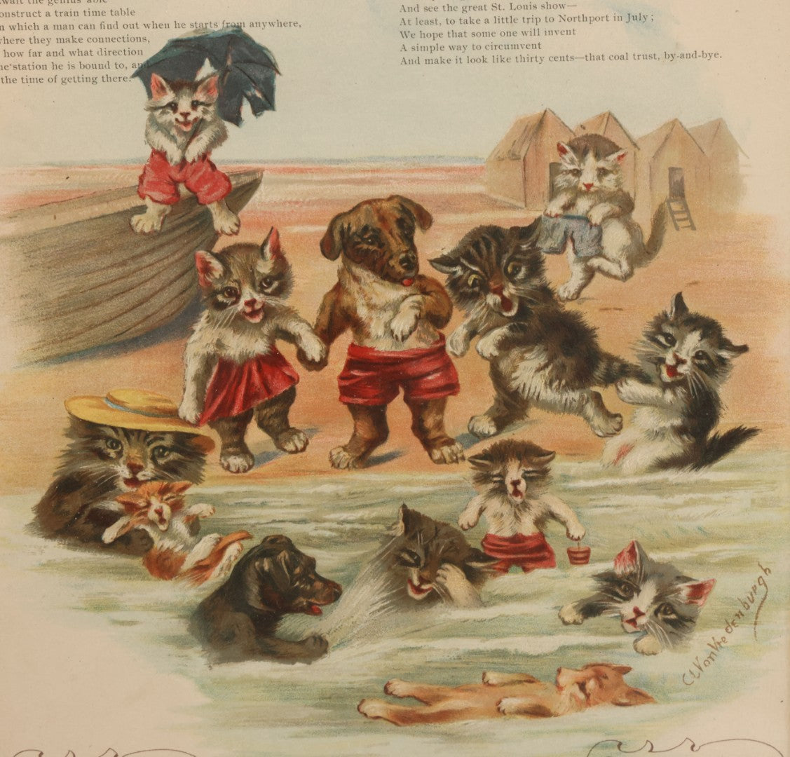 Lot 093 - Antique 1903 Anthropomorphic Cat And Dog Whimsical Illustrated Calendar, Illustrated By C.L. Van Vredenburgh, July, August, September, Copyright 1901, Gray Lithography Company, New York