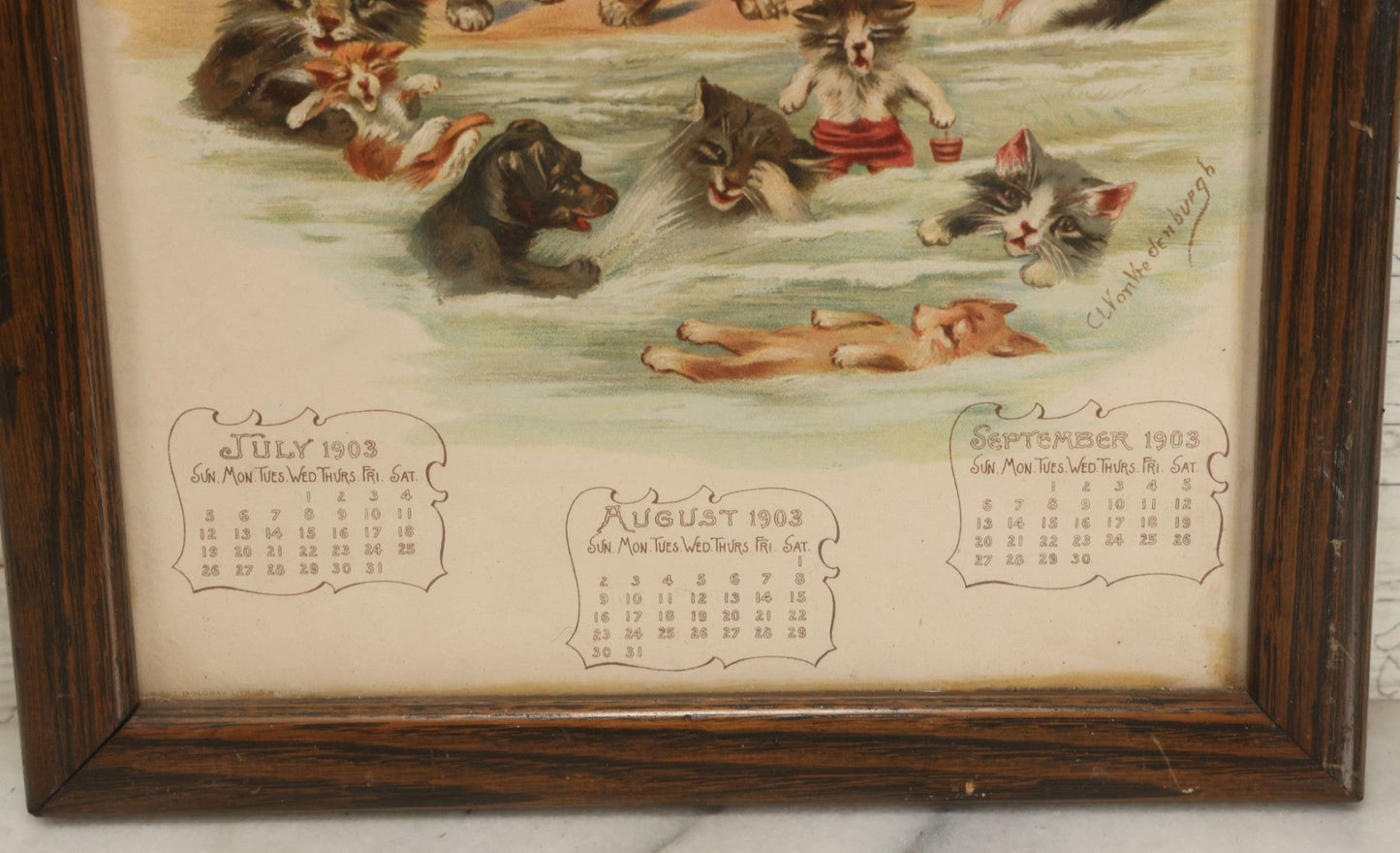 Lot 093 - Antique 1903 Anthropomorphic Cat And Dog Whimsical Illustrated Calendar, Illustrated By C.L. Van Vredenburgh, July, August, September, Copyright 1901, Gray Lithography Company, New York
