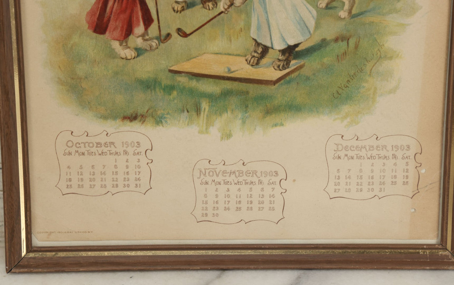 Lot 094 - Antique 1903 Anthropomorphic Cat And Dog Whimsical Illustrated Calendar, Illustrated By C.L. Van Vredenburgh, October, November, December, Copyright 1901, Gray Lithography Company, New York