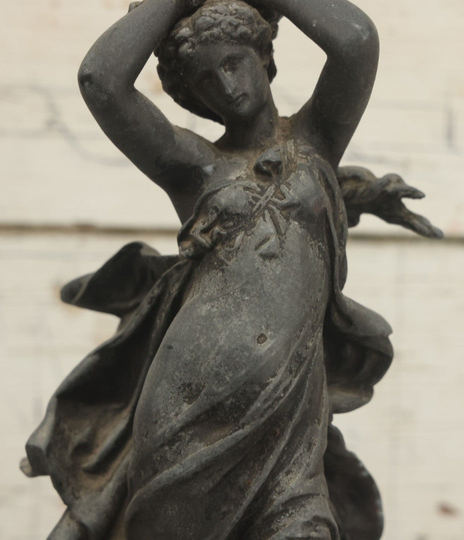 Lot 095 - Antique Spelter Statue Of Woman In Windswept Gown, Dancing, With Stars Around Spelter Base, On Wooden Pedestal