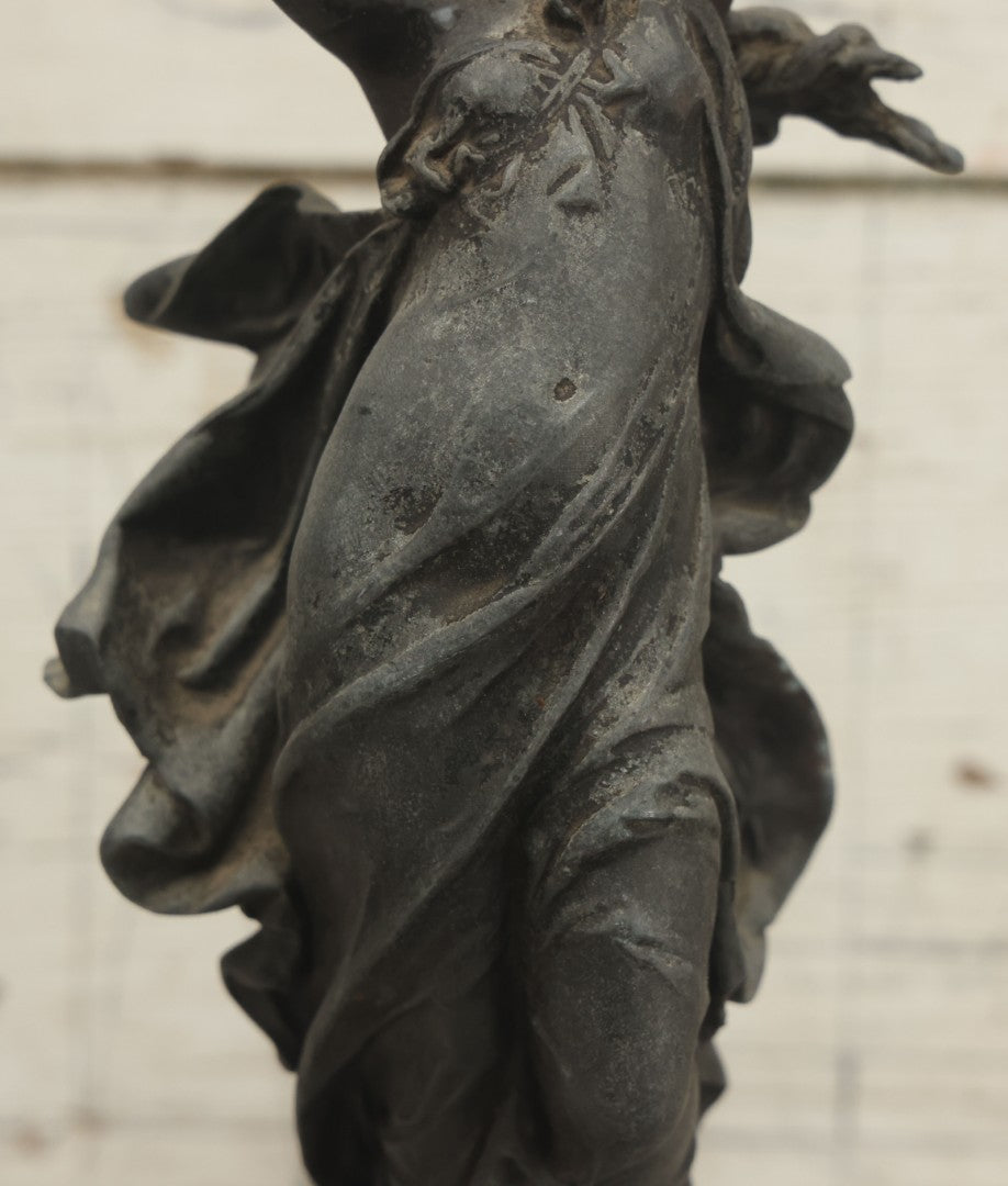 Lot 095 - Antique Spelter Statue Of Woman In Windswept Gown, Dancing, With Stars Around Spelter Base, On Wooden Pedestal