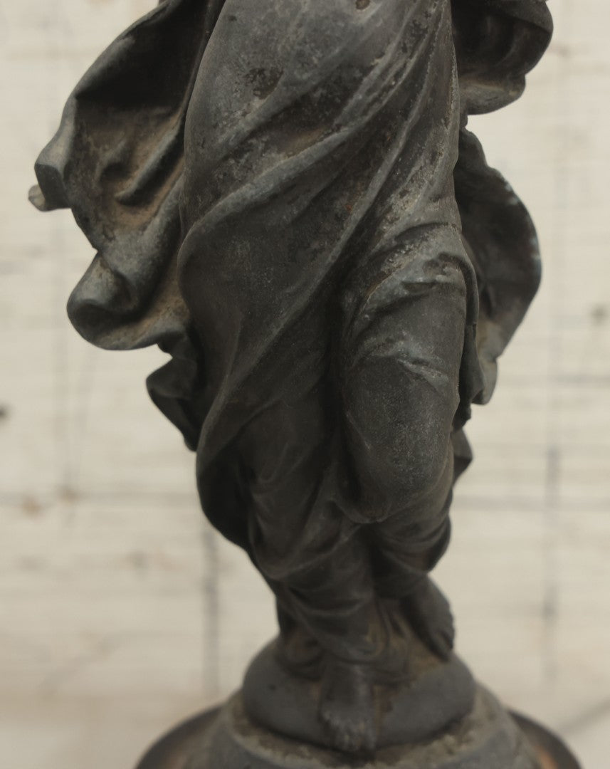 Lot 095 - Antique Spelter Statue Of Woman In Windswept Gown, Dancing, With Stars Around Spelter Base, On Wooden Pedestal