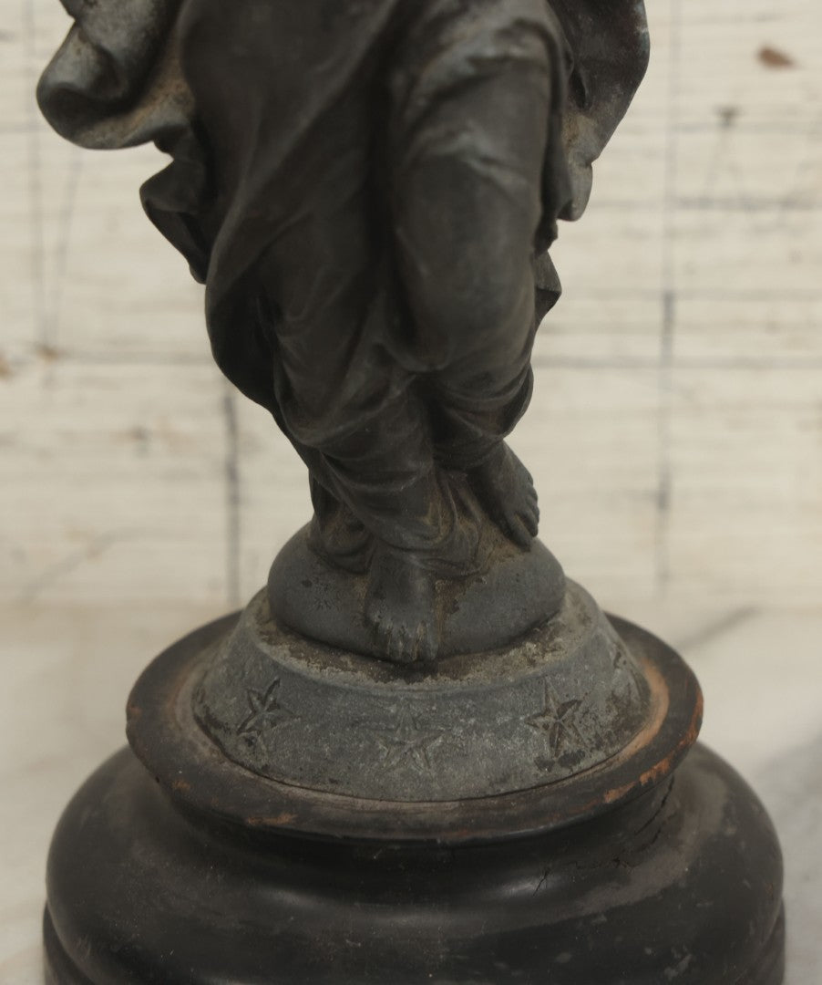 Lot 095 - Antique Spelter Statue Of Woman In Windswept Gown, Dancing, With Stars Around Spelter Base, On Wooden Pedestal