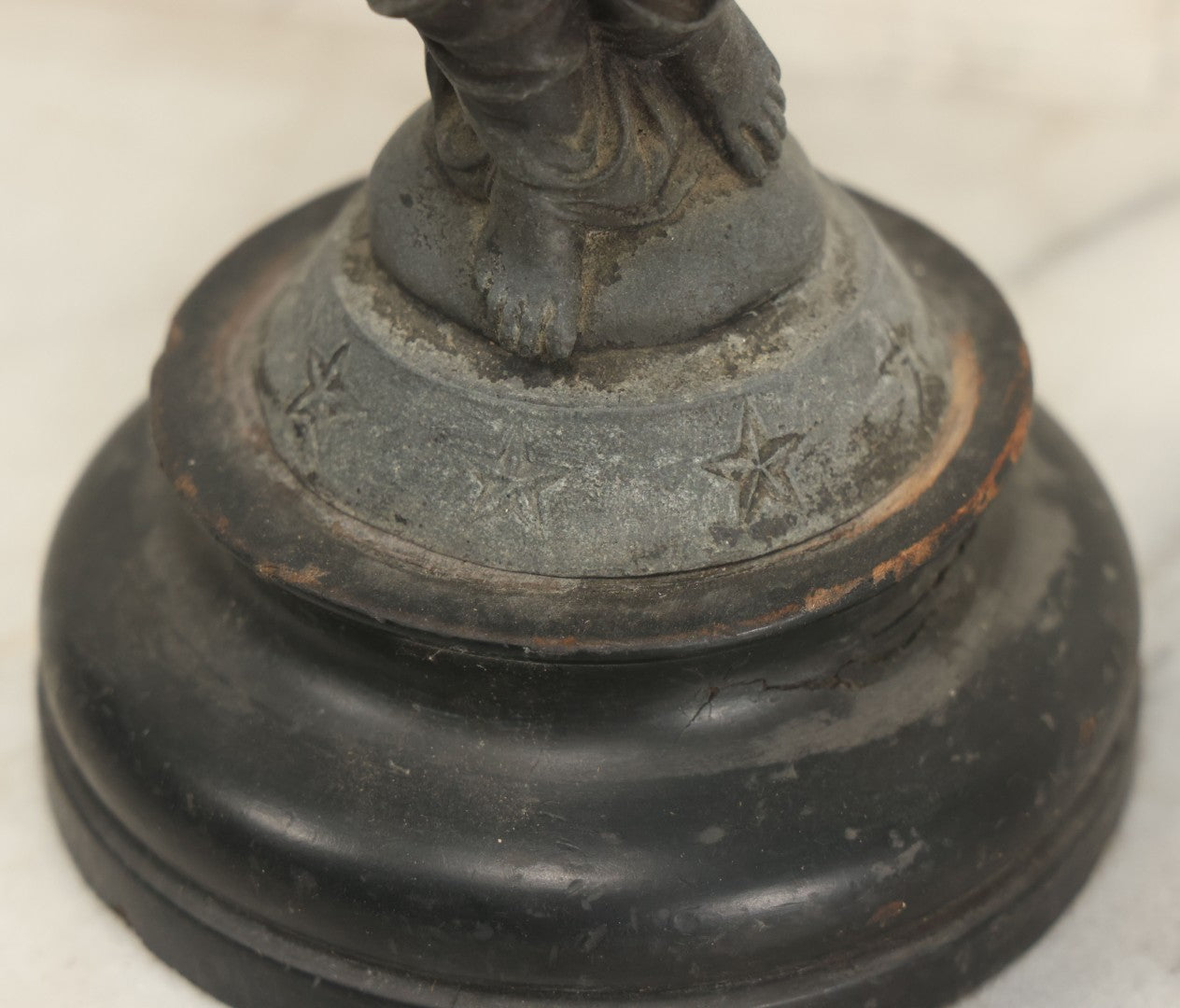 Lot 095 - Antique Spelter Statue Of Woman In Windswept Gown, Dancing, With Stars Around Spelter Base, On Wooden Pedestal