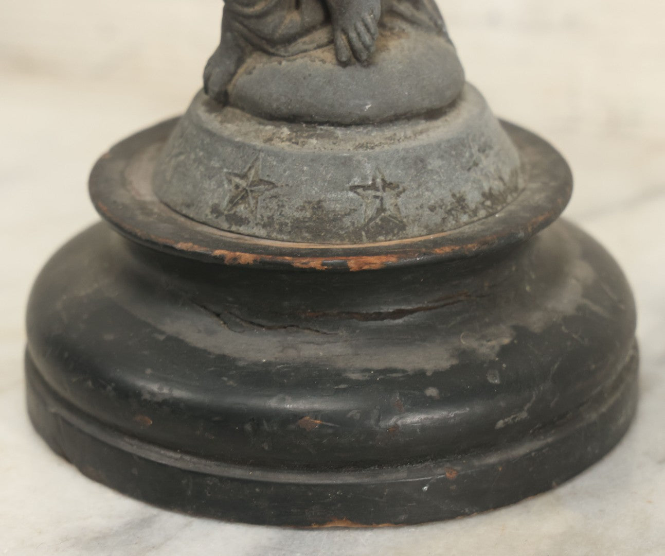 Lot 095 - Antique Spelter Statue Of Woman In Windswept Gown, Dancing, With Stars Around Spelter Base, On Wooden Pedestal