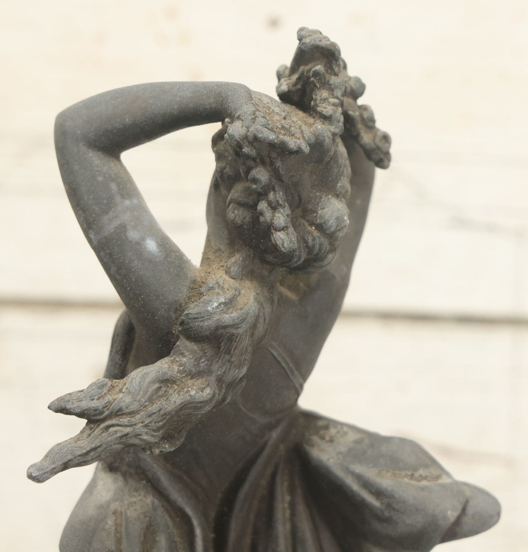 Lot 095 - Antique Spelter Statue Of Woman In Windswept Gown, Dancing, With Stars Around Spelter Base, On Wooden Pedestal