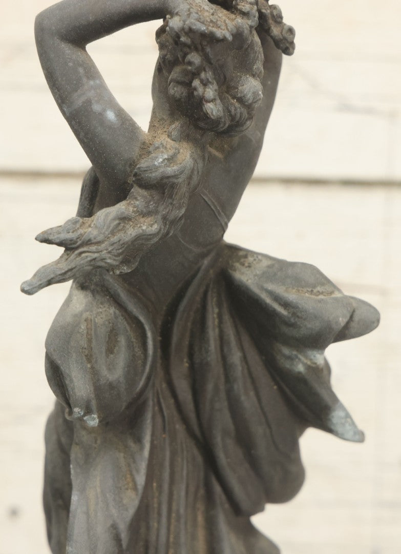 Lot 095 - Antique Spelter Statue Of Woman In Windswept Gown, Dancing, With Stars Around Spelter Base, On Wooden Pedestal