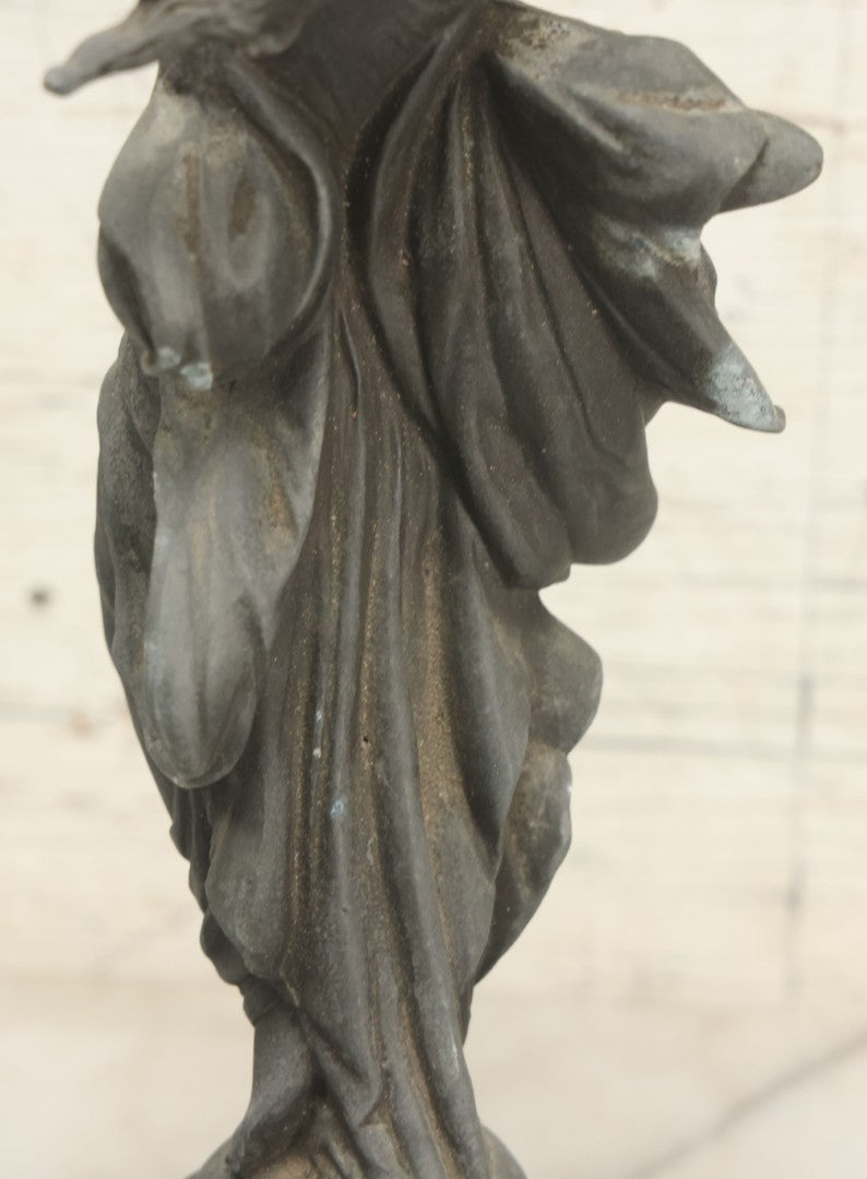 Lot 095 - Antique Spelter Statue Of Woman In Windswept Gown, Dancing, With Stars Around Spelter Base, On Wooden Pedestal