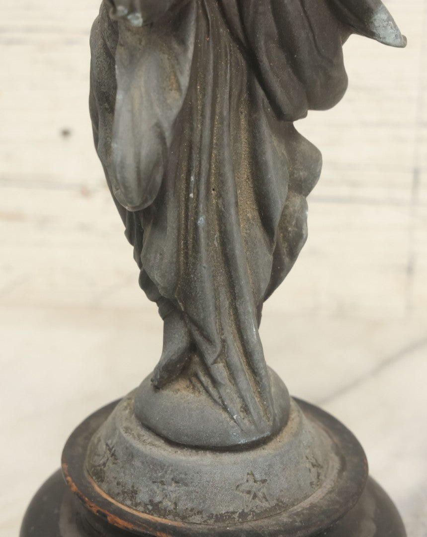 Lot 095 - Antique Spelter Statue Of Woman In Windswept Gown, Dancing, With Stars Around Spelter Base, On Wooden Pedestal