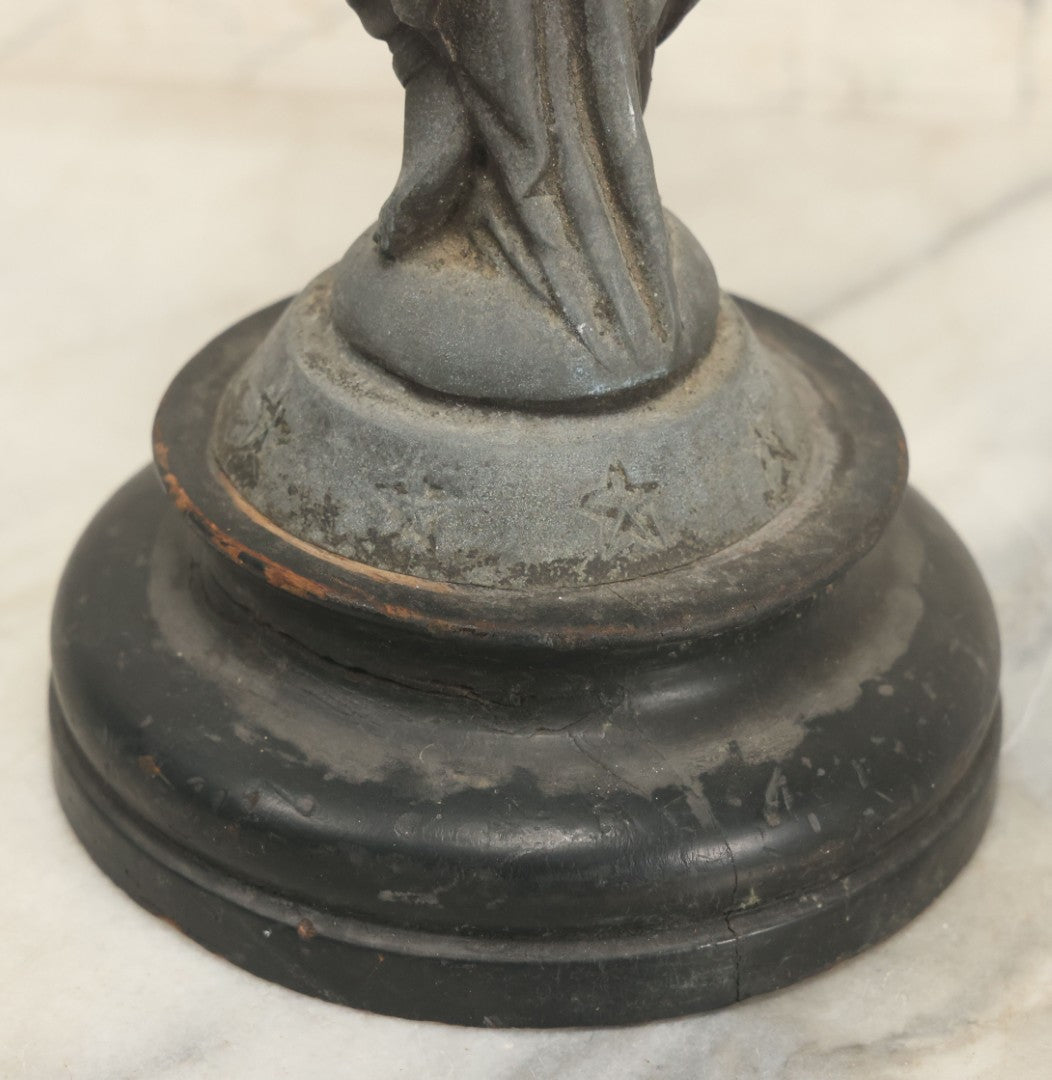 Lot 095 - Antique Spelter Statue Of Woman In Windswept Gown, Dancing, With Stars Around Spelter Base, On Wooden Pedestal