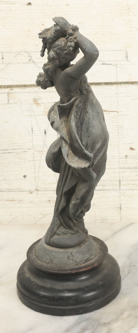 Lot 095 - Antique Spelter Statue Of Woman In Windswept Gown, Dancing, With Stars Around Spelter Base, On Wooden Pedestal