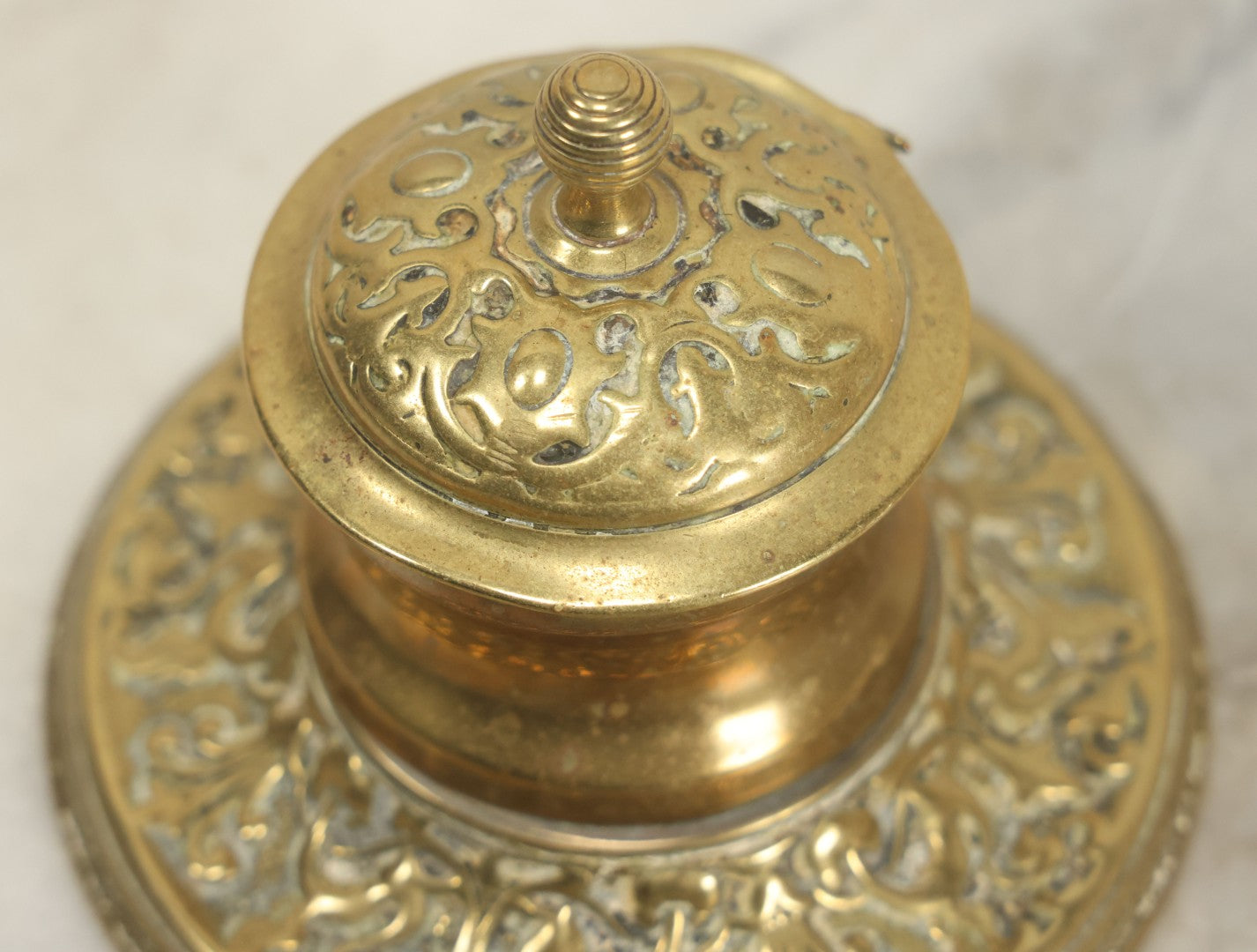 Lot 097 - Antique Brass Repoussé Inkwell With Classical Design, Brass Insert