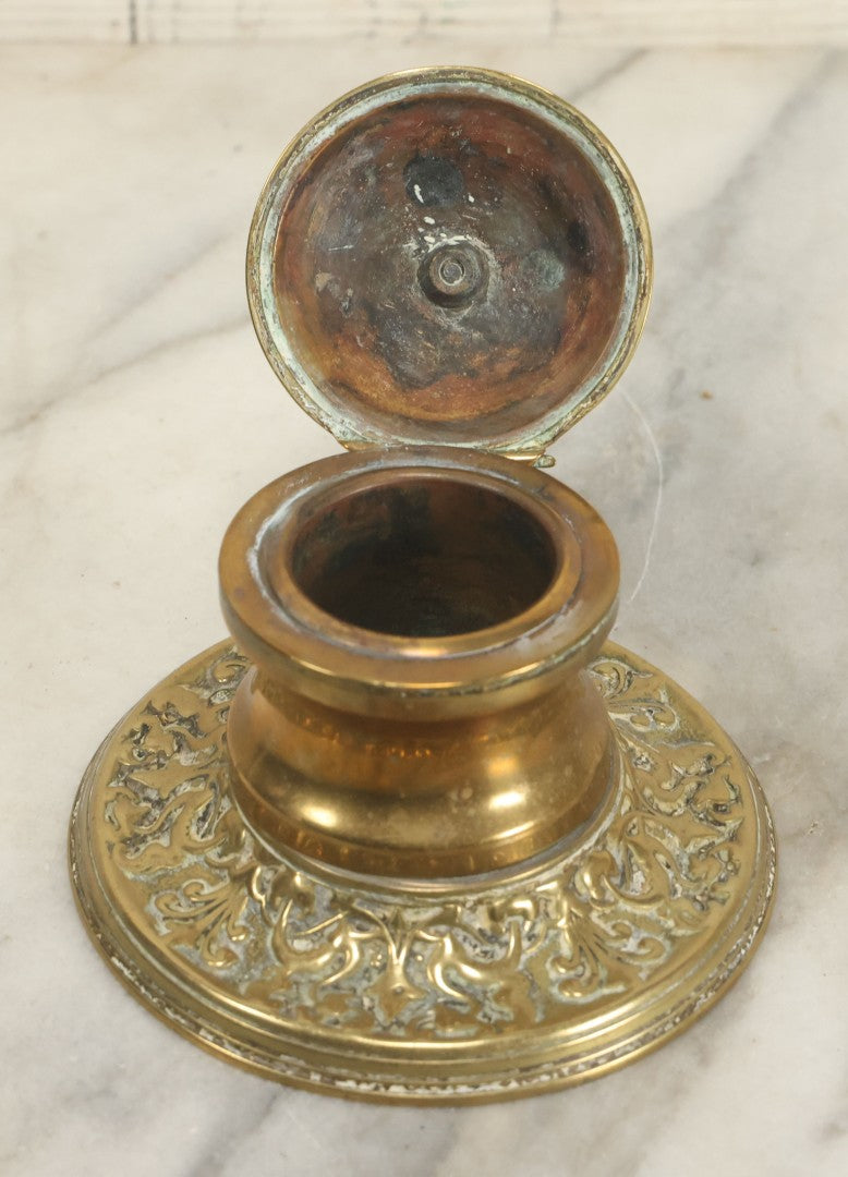Lot 097 - Antique Brass Repoussé Inkwell With Classical Design, Brass Insert