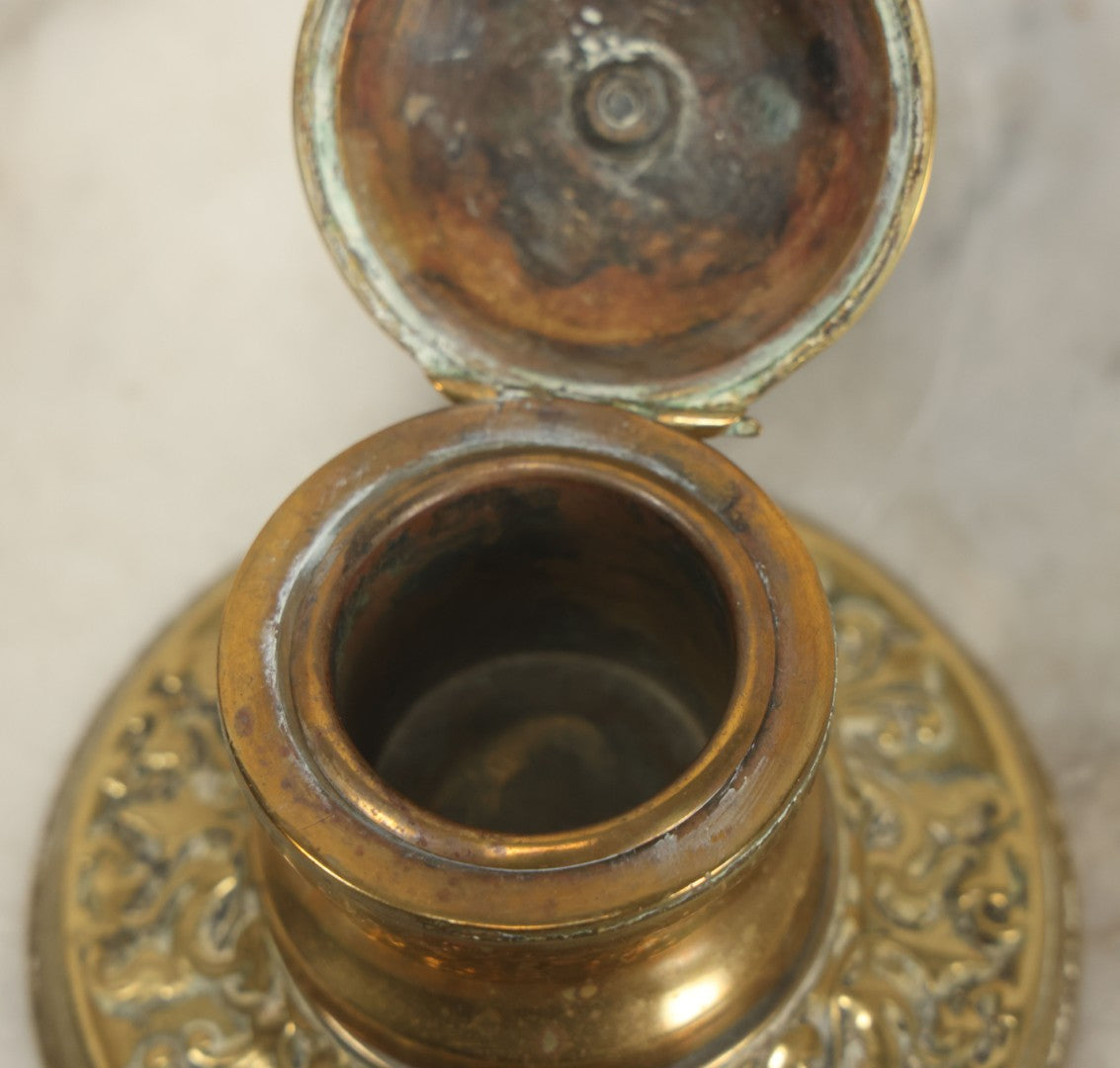 Lot 097 - Antique Brass Repoussé Inkwell With Classical Design, Brass Insert