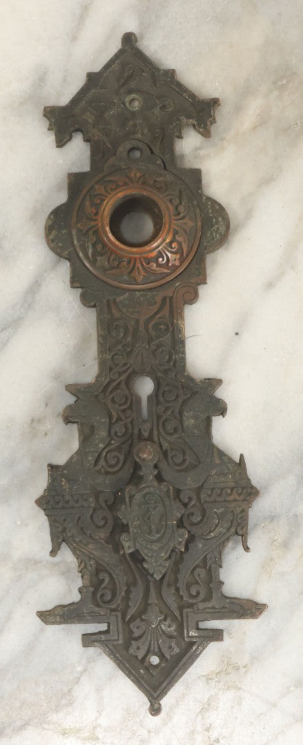 Lot 098 - Antique Cast Metal Door Knob Plate And Escutcheon With Bird And Anchor Motif, Nautical Swinging Keyhole Cover