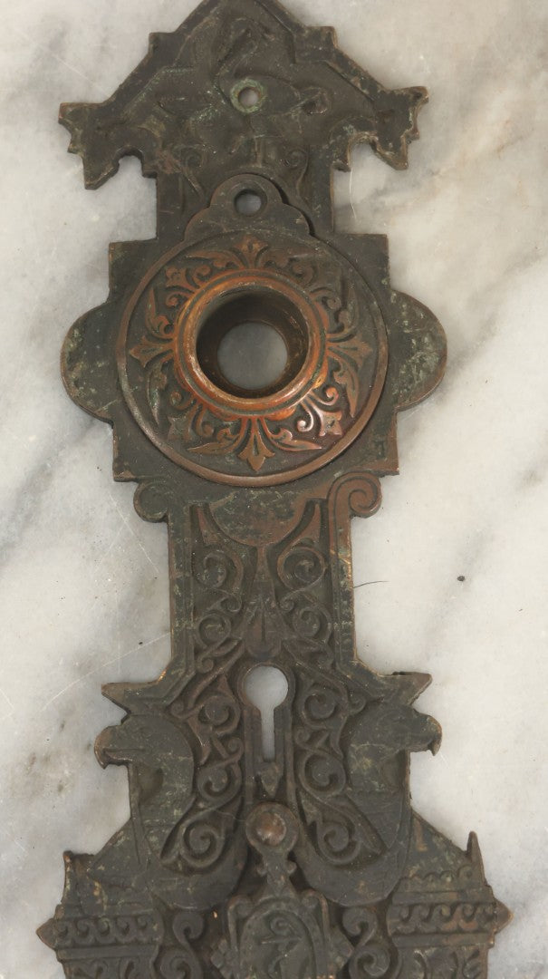 Lot 098 - Antique Cast Metal Door Knob Plate And Escutcheon With Bird And Anchor Motif, Nautical Swinging Keyhole Cover