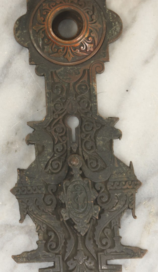 Lot 098 - Antique Cast Metal Door Knob Plate And Escutcheon With Bird And Anchor Motif, Nautical Swinging Keyhole Cover