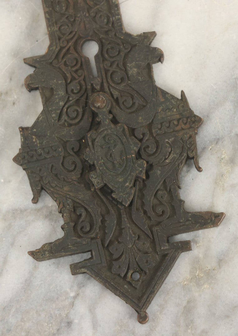 Lot 098 - Antique Cast Metal Door Knob Plate And Escutcheon With Bird And Anchor Motif, Nautical Swinging Keyhole Cover