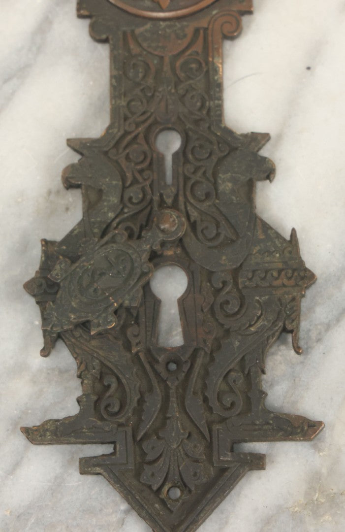 Lot 098 - Antique Cast Metal Door Knob Plate And Escutcheon With Bird And Anchor Motif, Nautical Swinging Keyhole Cover