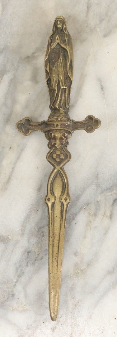 Lot 099 - Antique Cast Metal Sword Dagger Letter Opener With Praying Nun, Virgin Mary Finial